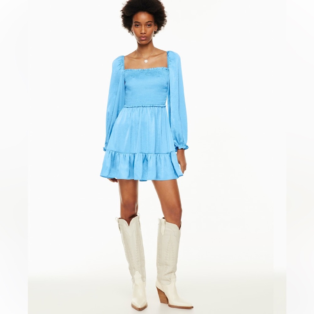 NWT Aritzia Wilfred Tempest Satin Dress in Blue Wave satin mini dress Size XS